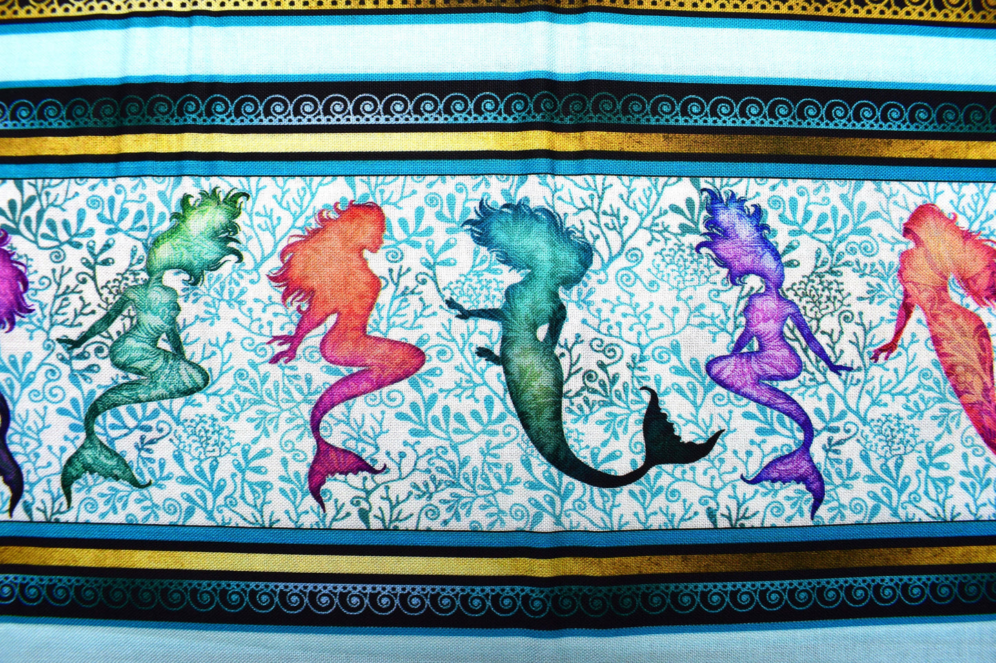 Mermaid border Fabric in blue, Quilting fabric, Sea Serenade, price by the half metre The Quilt Sanctuary