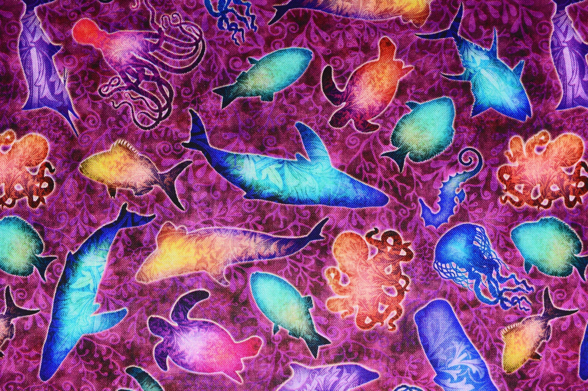 sea creatures fabric, wine Quilting fabric, Sea Serenade, price by the half metre The Quilt Sanctuary