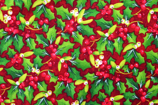 Red holly and mistletoe Christmas fabric - Christmas delivery by Ruth Saunderson - Price by the Half Metre The Quilt Sanctuary
