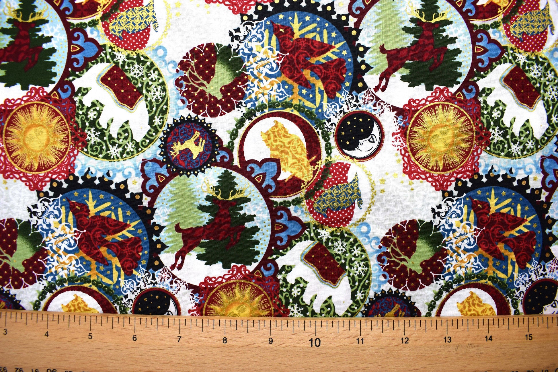 Christmas baubles fabric, Celestial Winter Fabric , Quilting fabric, Jason Yenter - Price by the Half Metre The Quilt Sanctuary