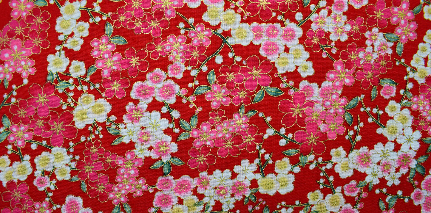 red japanese floral quilting fabric, Cotton Fabric, metallic floral fabric, Price by the Half Metre The Quilt Sanctuary