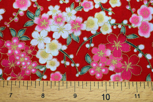 red japanese floral quilting fabric, Cotton Fabric, metallic floral fabric, Price by the Half Metre The Quilt Sanctuary