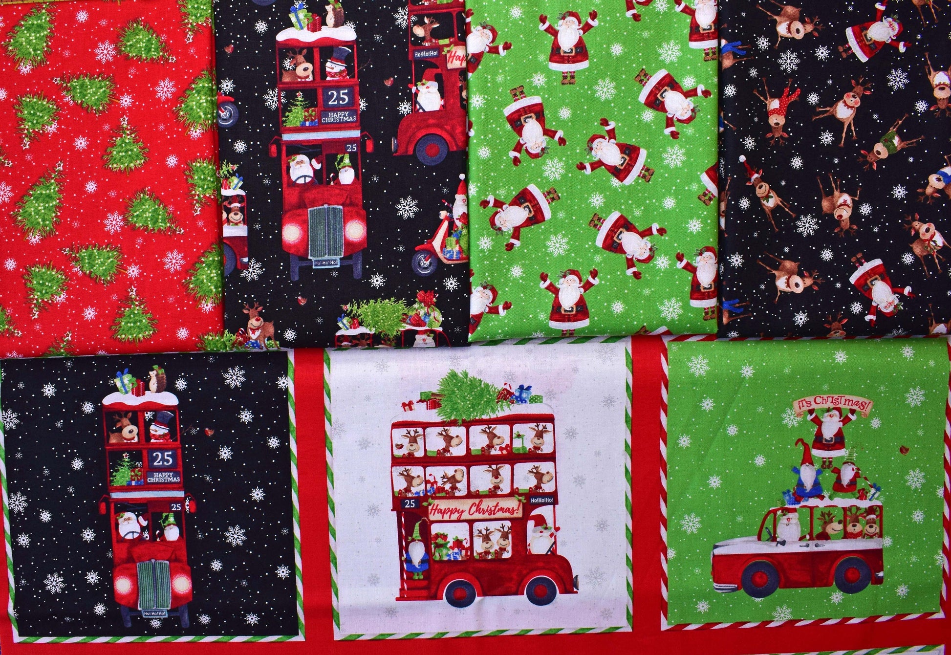 Novelty Christmas fabric collection, quilting fabric bundle, Double Decker Xmas, Karen Tye Bentley The Quilt Sanctuary