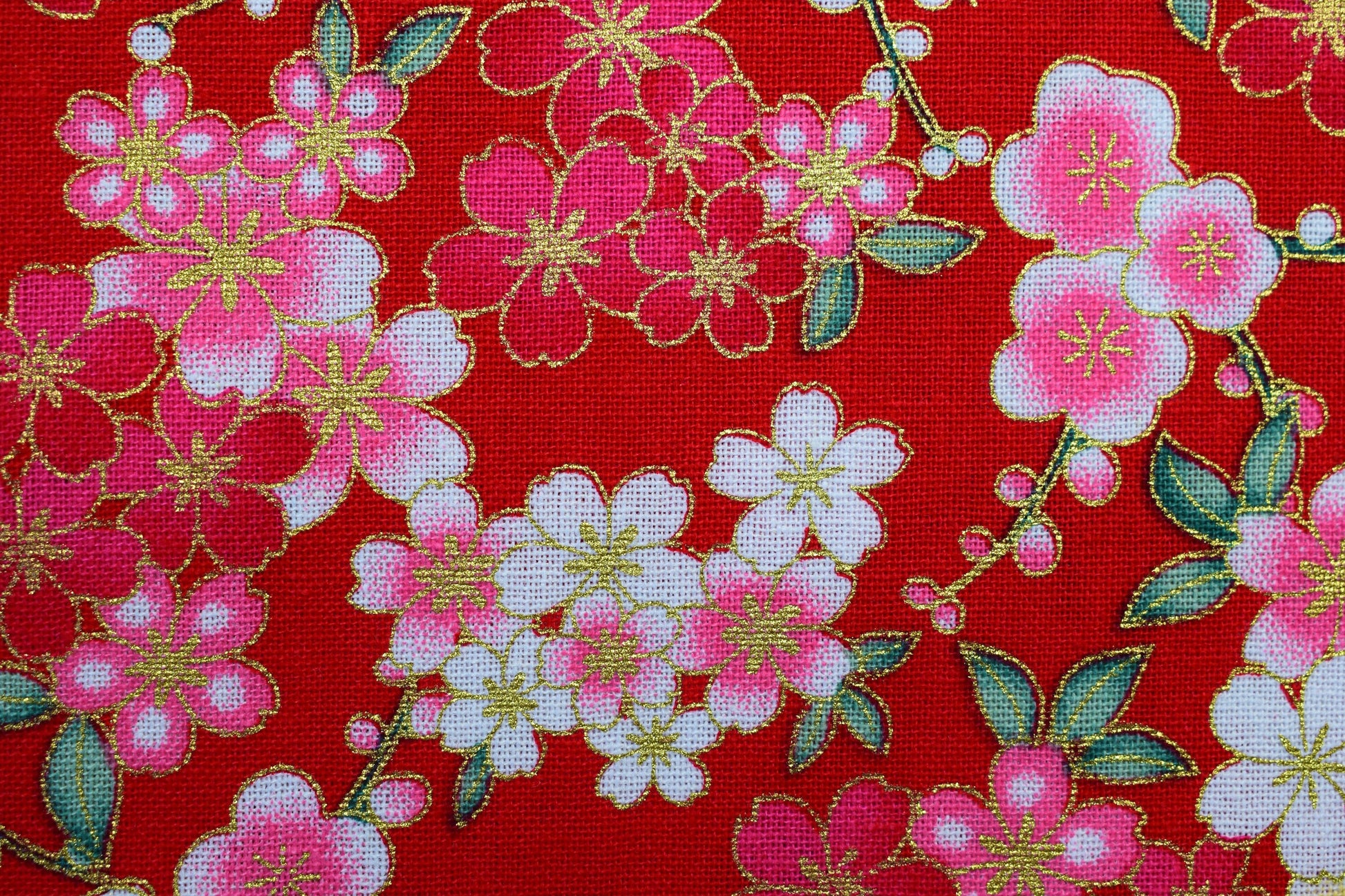 red japanese floral quilting fabric, Cotton Fabric, metallic floral fabric, Price by the Half Metre The Quilt Sanctuary