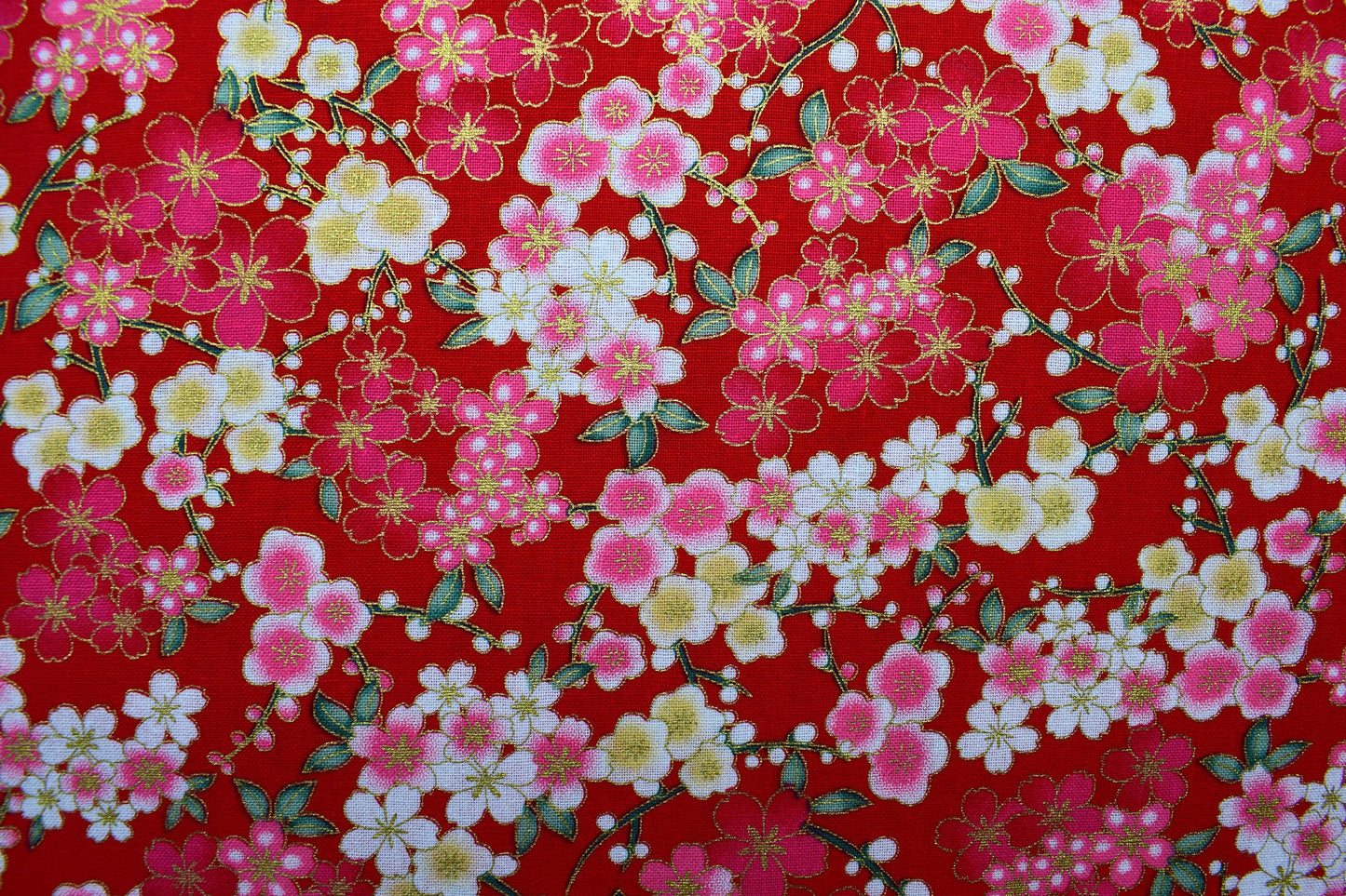 red japanese floral quilting fabric, Cotton Fabric, metallic floral fabric, Price by the Half Metre The Quilt Sanctuary
