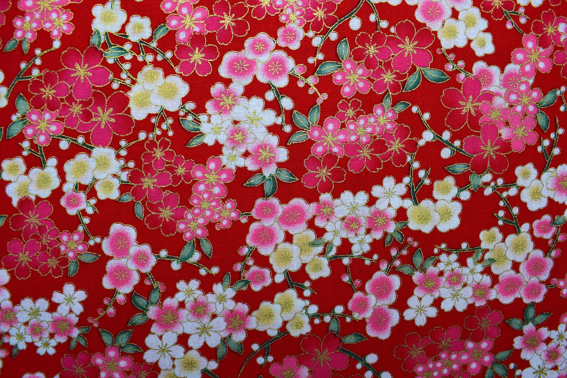 red japanese floral quilting fabric, Cotton Fabric, metallic floral fabric, Price by the Half Metre The Quilt Sanctuary