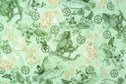 Green Steampunk transport fabric, Quilting fabric, cotton fabric, quilting treasures, Fantasy and Fiction, Price by the Half Metre The Quilt Sanctuary