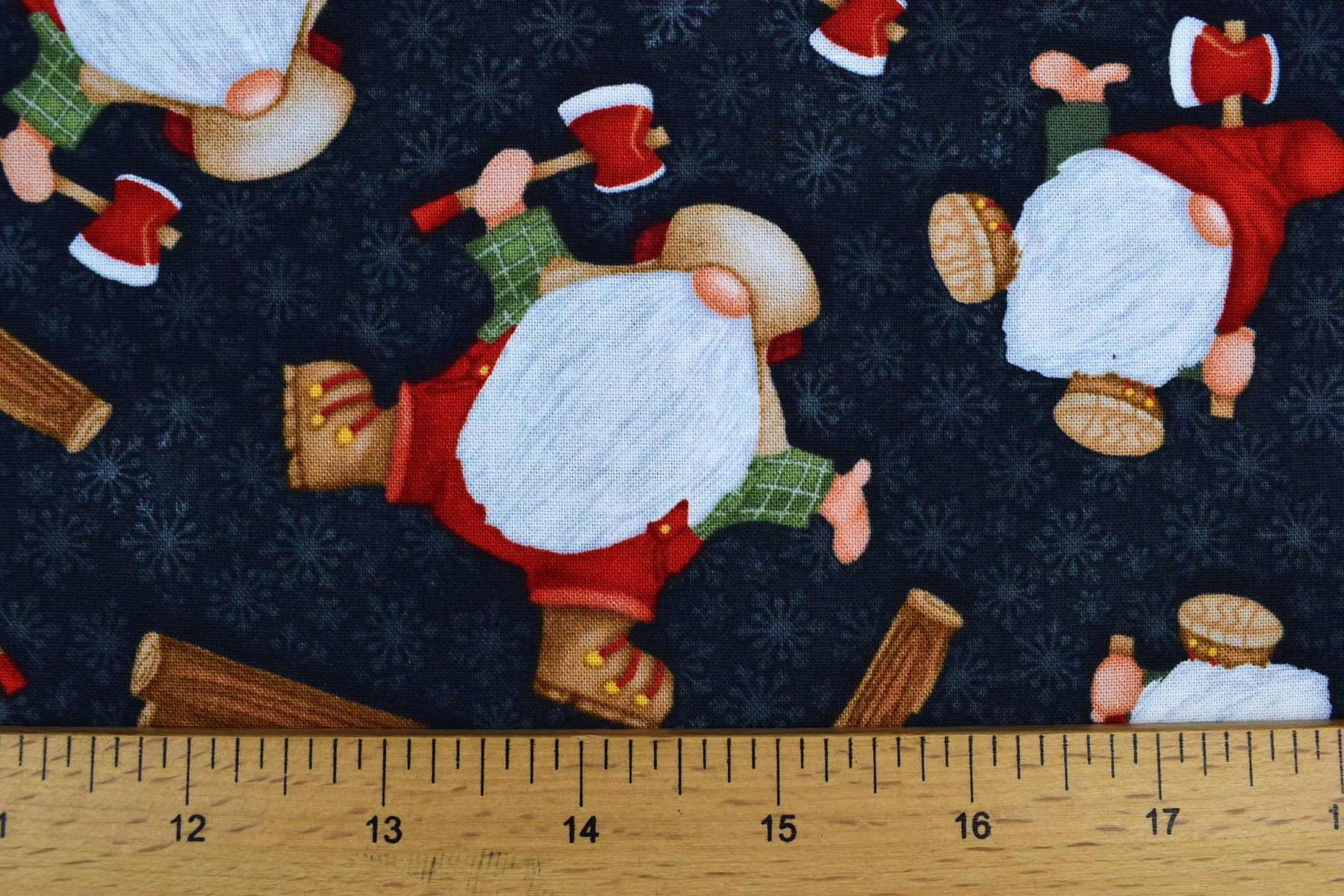 Black Timber gnomes fabric, timber gnomies, Christmas Quilting fabric, price by the half metre The Quilt Sanctuary