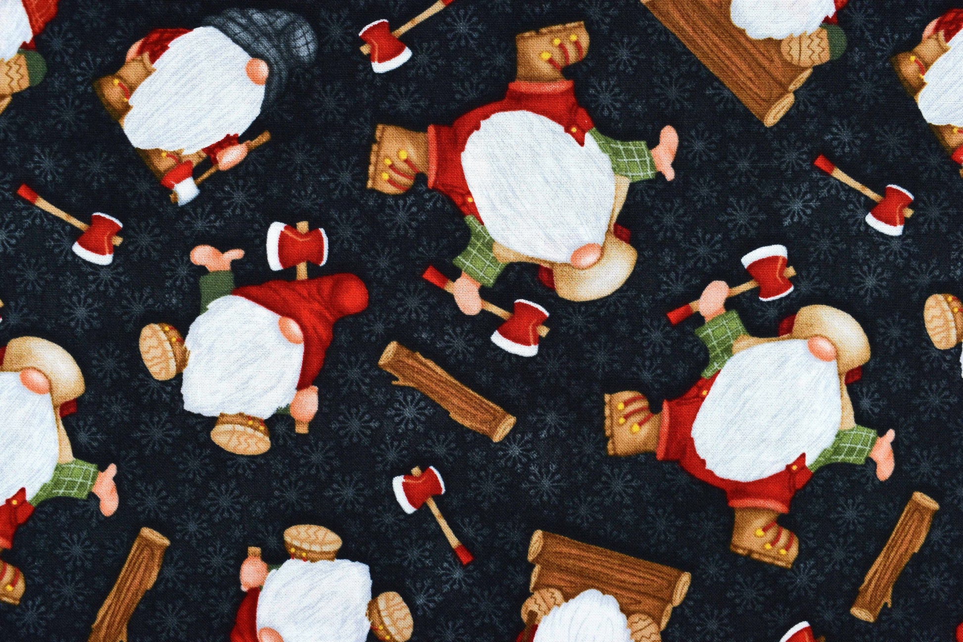 Black Timber gnomes fabric, timber gnomies, Christmas Quilting fabric, price by the half metre The Quilt Sanctuary
