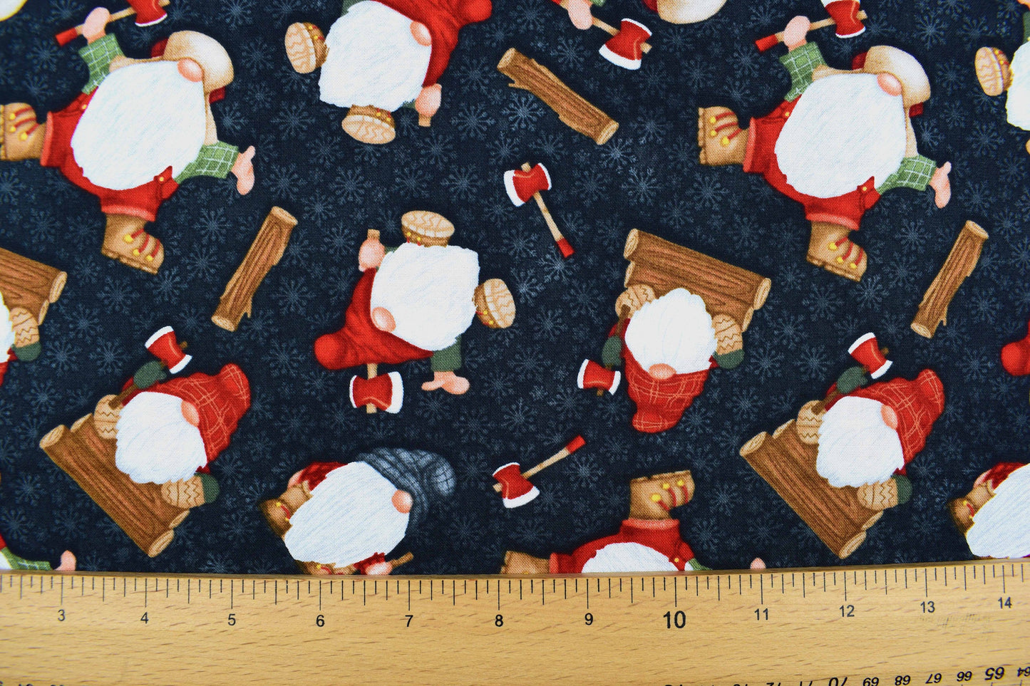 Black Timber gnomes fabric, timber gnomies, Christmas Quilting fabric, price by the half metre The Quilt Sanctuary