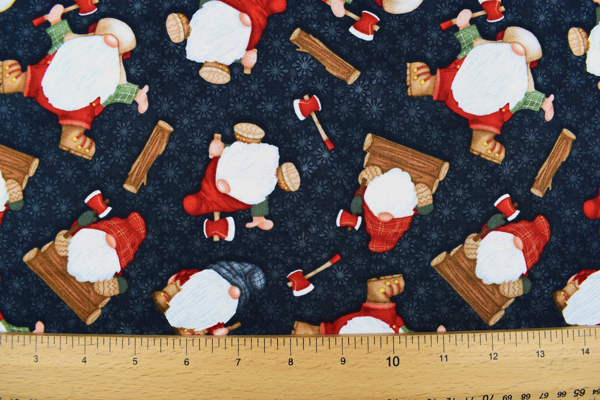 Black Timber gnomes fabric, timber gnomies, Christmas Quilting fabric, price by the half metre The Quilt Sanctuary