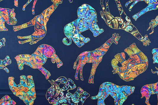 Black Boho African Animal fabric, Quilting fabric, cotton fabric, quilting treasures, Serengeti, Price by the Half Metre The Quilt Sanctuary