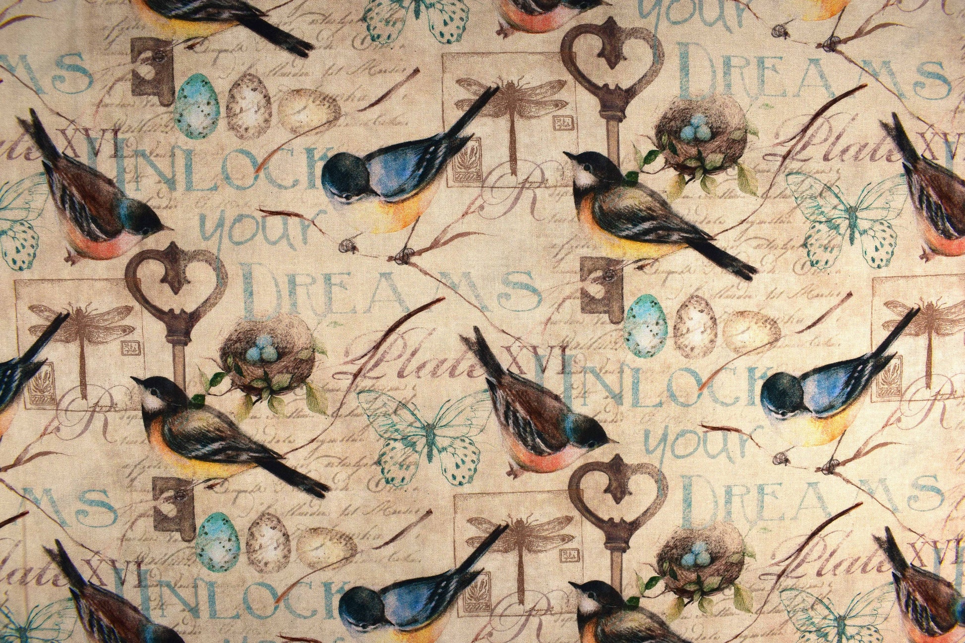 garden bird fabric, Quilting fabric, Keys to the Garden - Price by the Half Metre The Quilt Sanctuary