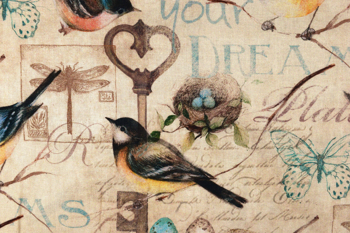 garden bird fabric, Quilting fabric, Keys to the Garden - Price by the Half Metre The Quilt Sanctuary