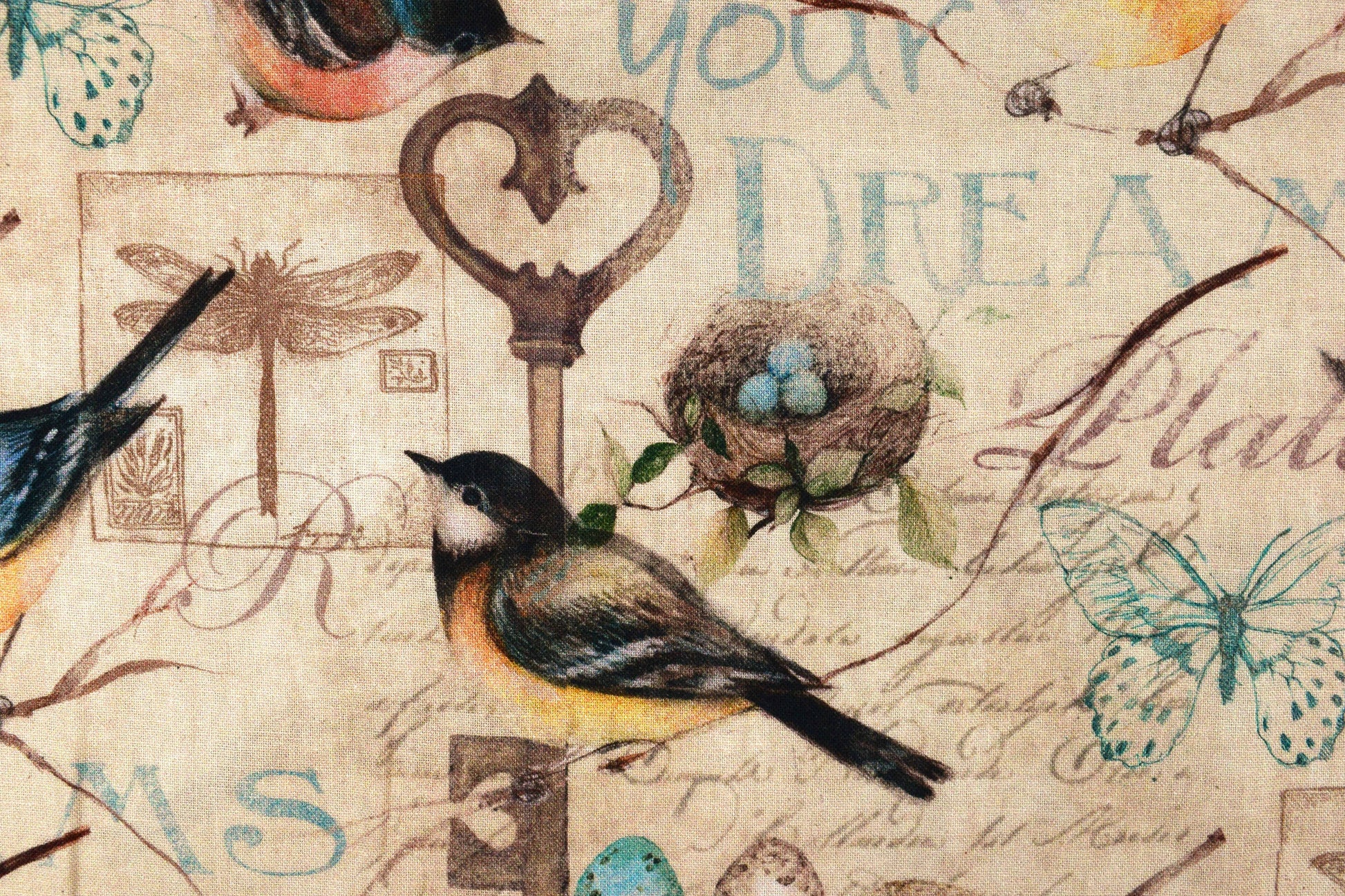 garden bird fabric, Quilting fabric, Keys to the Garden - Price by the Half Metre The Quilt Sanctuary