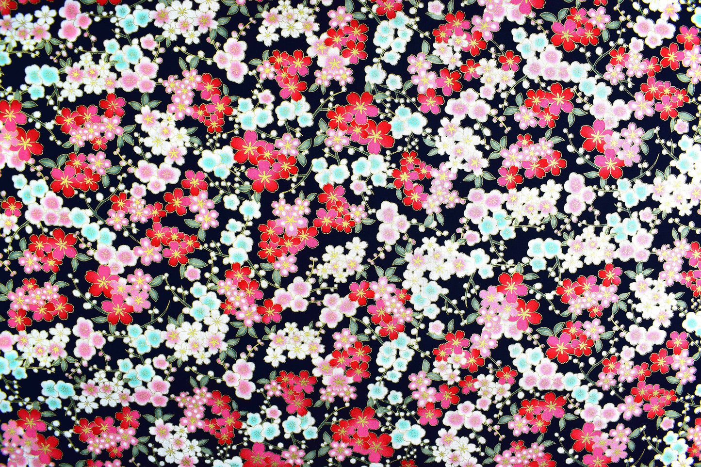 Black japanese floral quilting fabric, Cotton Fabric, metallic floral fabric, Price by the Half Metre The Quilt Sanctuary
