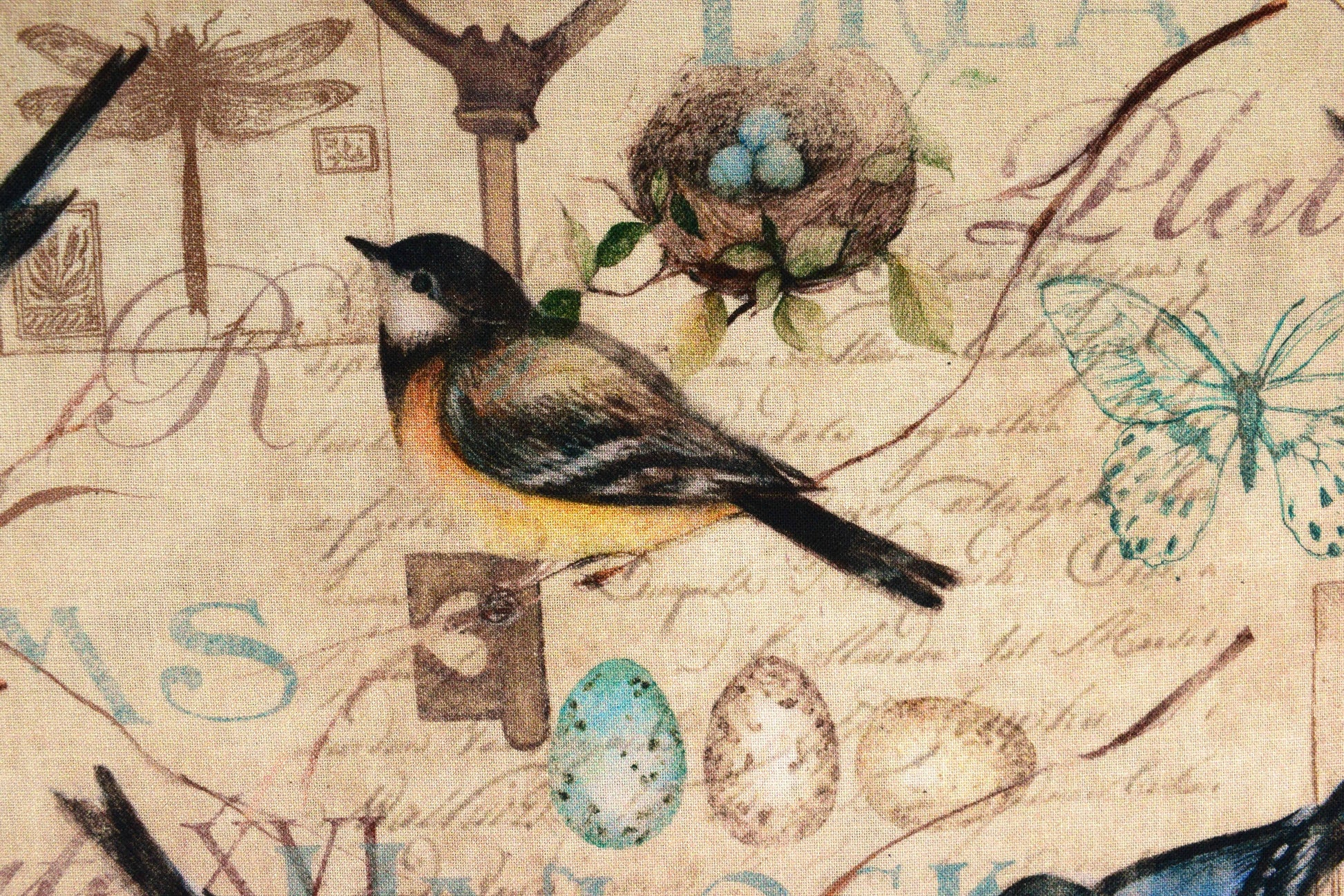 garden bird fabric, Quilting fabric, Keys to the Garden - Price by the Half Metre The Quilt Sanctuary