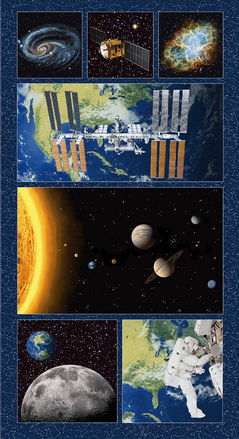 Space station fabric panel, quilting panel, Planetary Mission, Studio E The Quilt Sanctuary