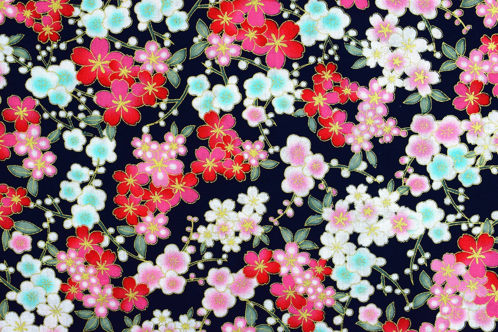Black japanese floral quilting fabric, Cotton Fabric, metallic floral fabric, Price by the Half Metre The Quilt Sanctuary
