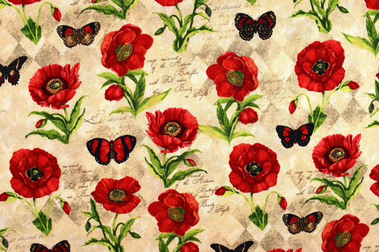 poppy and butterfly fabric, poppies quilting fabric - Price by the Half Metre The Quilt Sanctuary