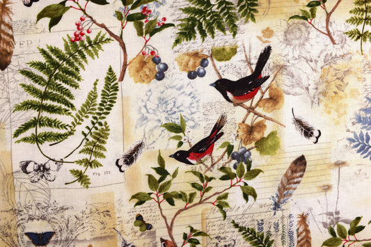 Birds and Butterflies fabric, woodland scenes, Quilting fabric, cotton fabric, Forest study - Price by the Half Metre The Quilt Sanctuary
