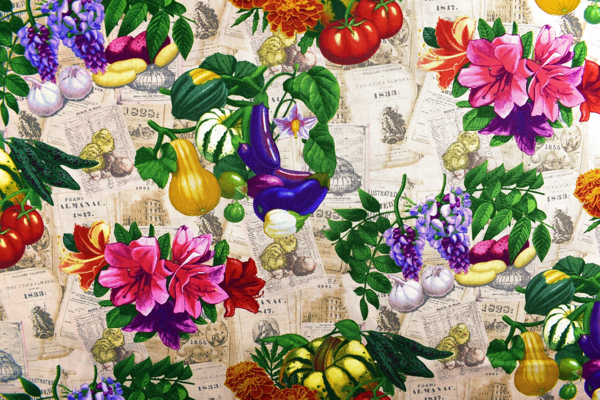 Vegetable fabric, Vegetable patch quilting fabric, old farmers almanac - Price by the Half Metre The Quilt Sanctuary