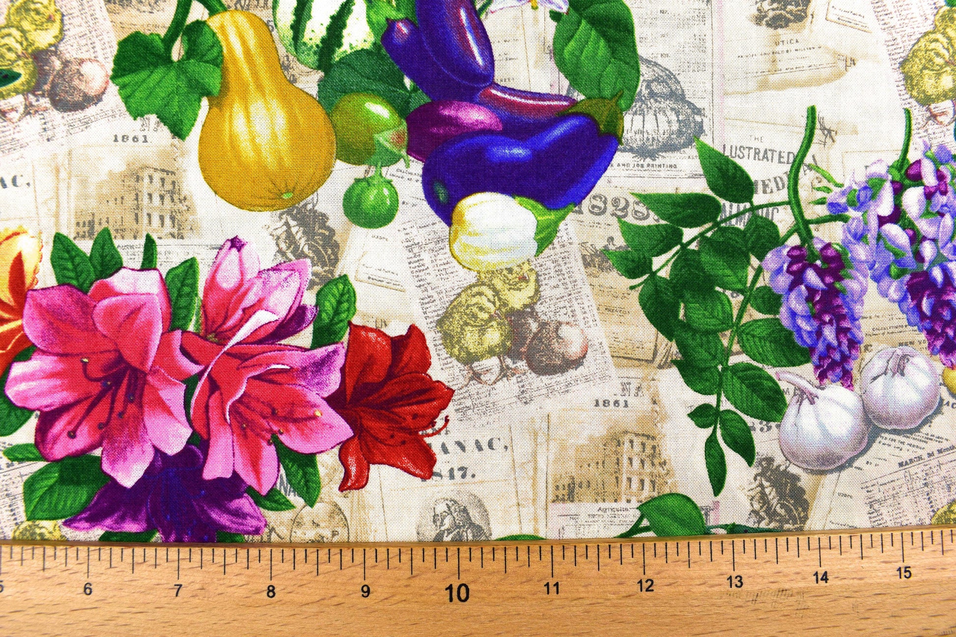 Vegetable fabric, Vegetable patch quilting fabric, old farmers almanac - Price by the Half Metre The Quilt Sanctuary