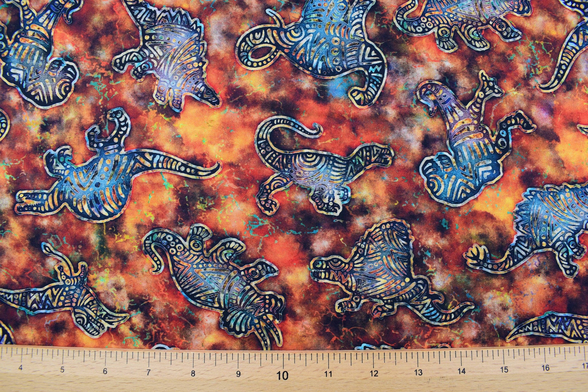 Dinosaur material, Quilting fabric, burnt orange cotton fabric, prehistoric - Price by the Half Metre The Quilt Sanctuary
