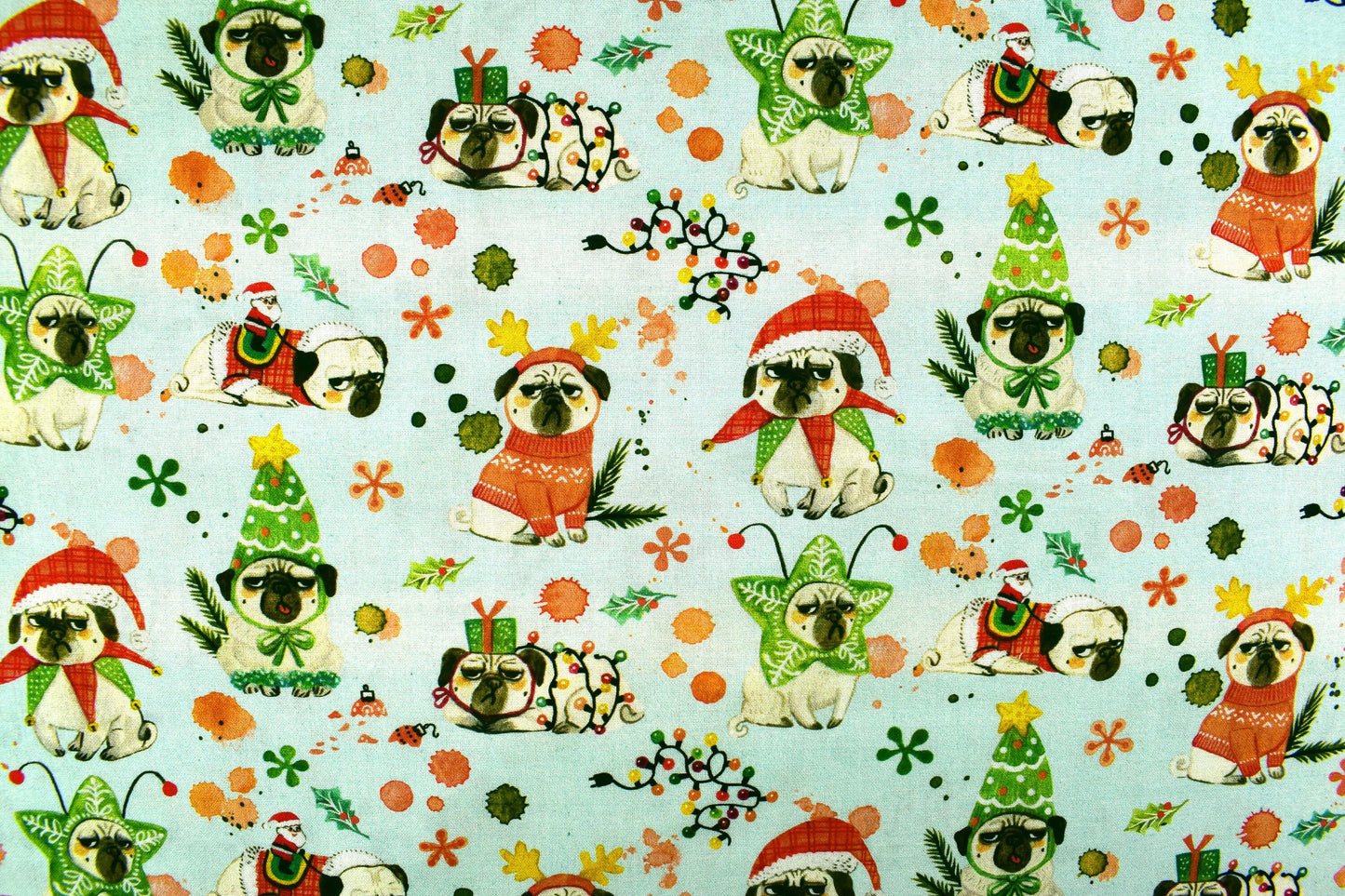 Pug christmas fabric, dog fabric, grumpy Christmas dogs - Price by the Half Metre The Quilt Sanctuary