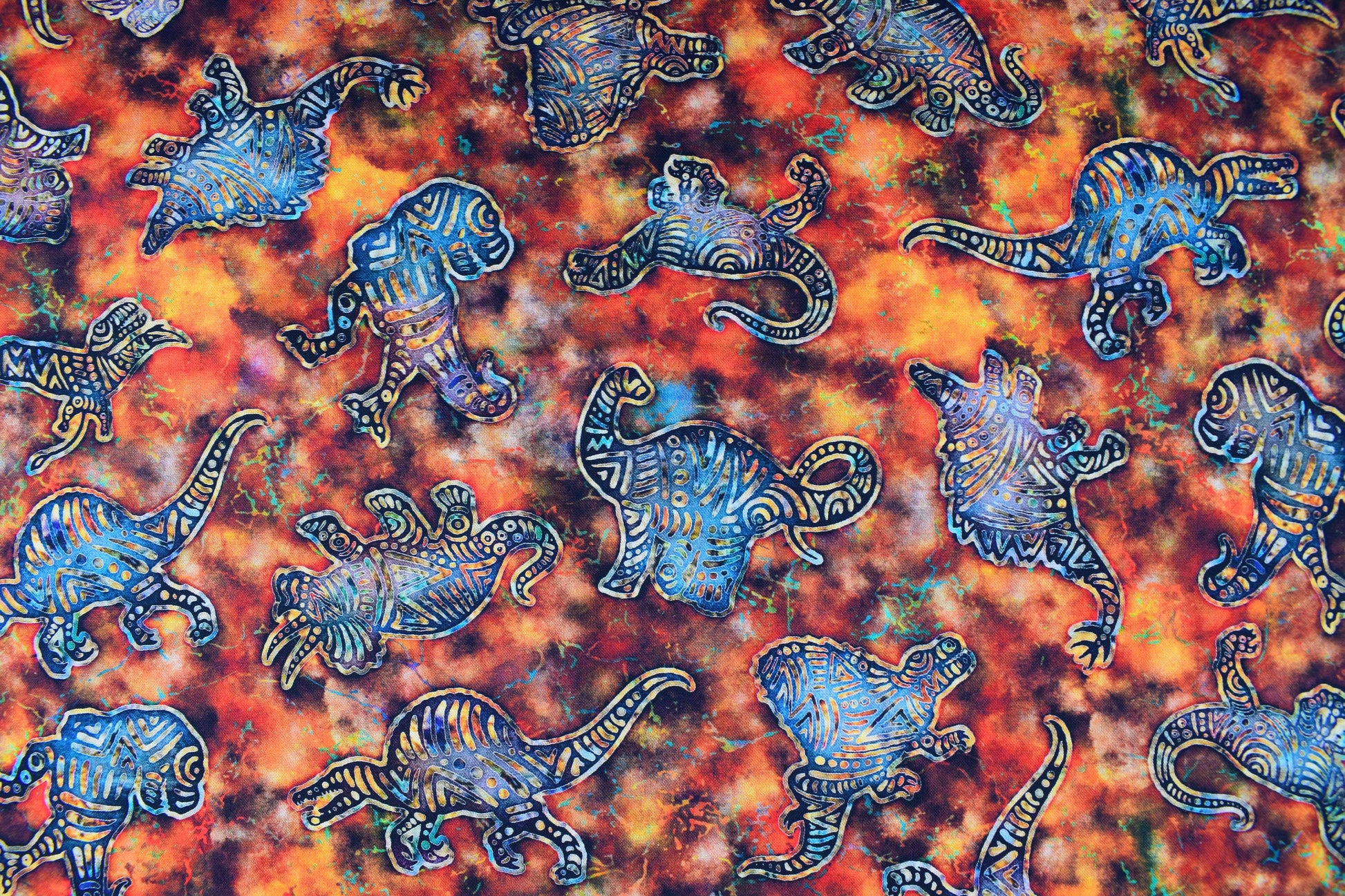 Dinosaur material, Quilting fabric, burnt orange cotton fabric, prehistoric - Price by the Half Metre The Quilt Sanctuary