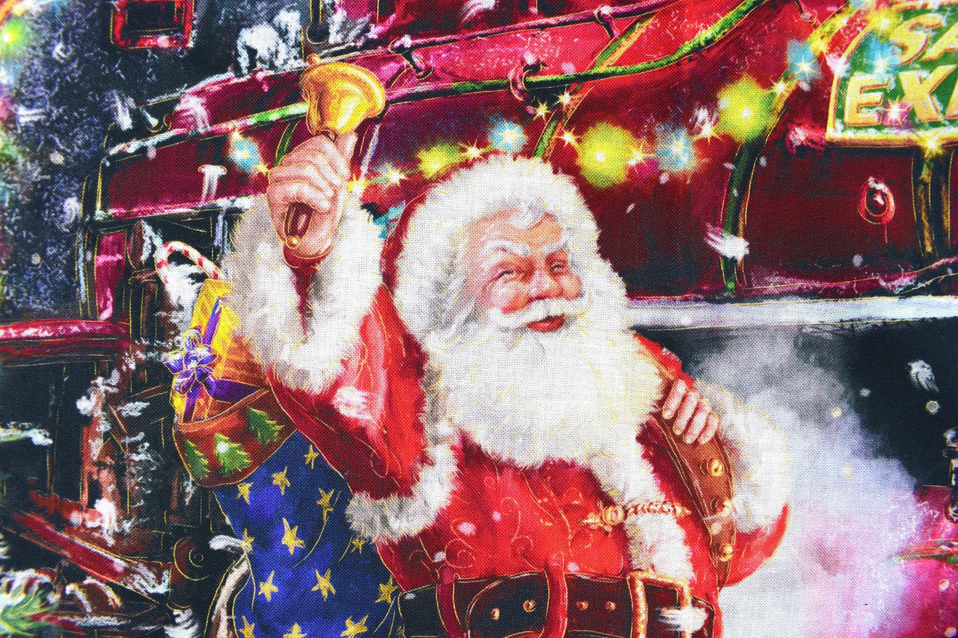 Santa Train fabric panel, cotton Quilting panel The Quilt Sanctuary