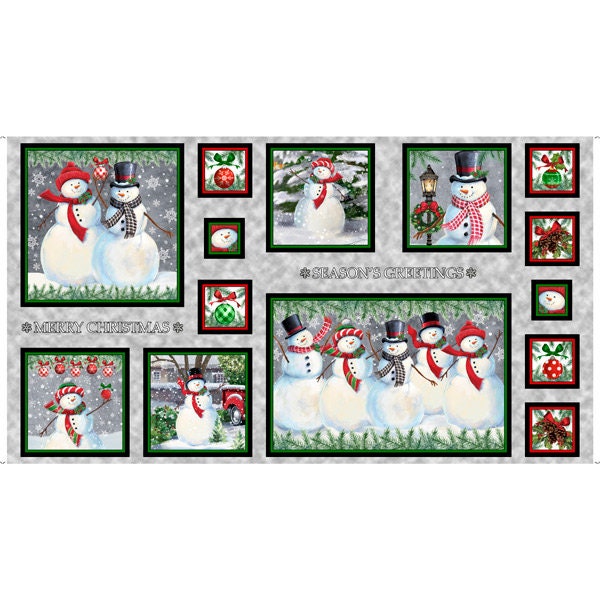 Christmas Picture Patch fabric panel, Snowman panel, cotton Quilting panel The Quilt Sanctuary