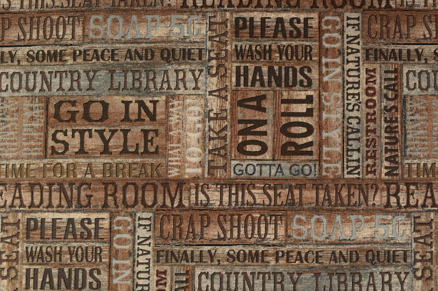 Reading Room fabric, Toilet humour fabric, Natures calling, Price by the Half Metre The Quilt Sanctuary
