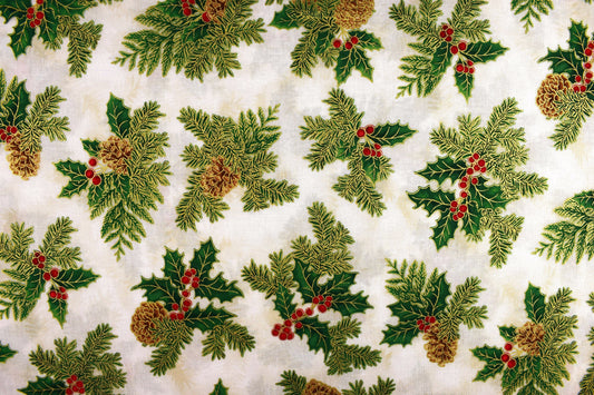 Cream Holly Christmas fabric - Holiday Flourish by Robert Kaufman - Price by the Half Metre The Quilt Sanctuary