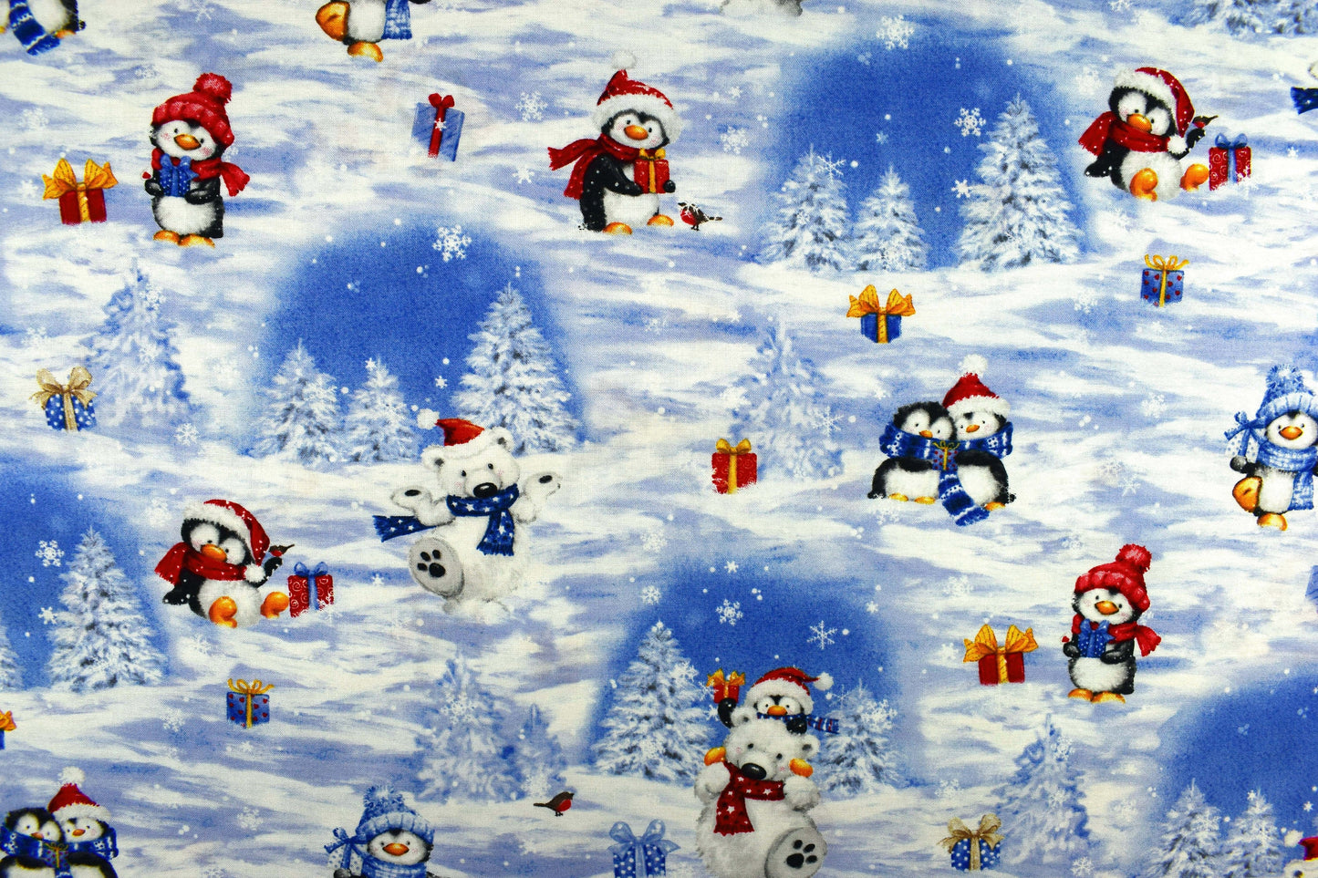 Penguin and Polar Bear Christmas fabric, cotton quilting fabric, snow what fun - Price by the Half Metre The Quilt Sanctuary