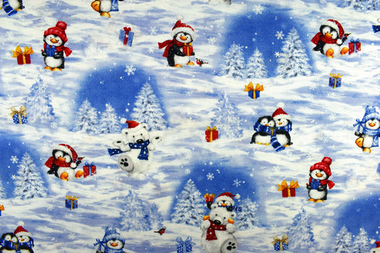 Penguin and Polar Bear Christmas fabric, cotton quilting fabric, snow what fun - Price by the Half Metre The Quilt Sanctuary