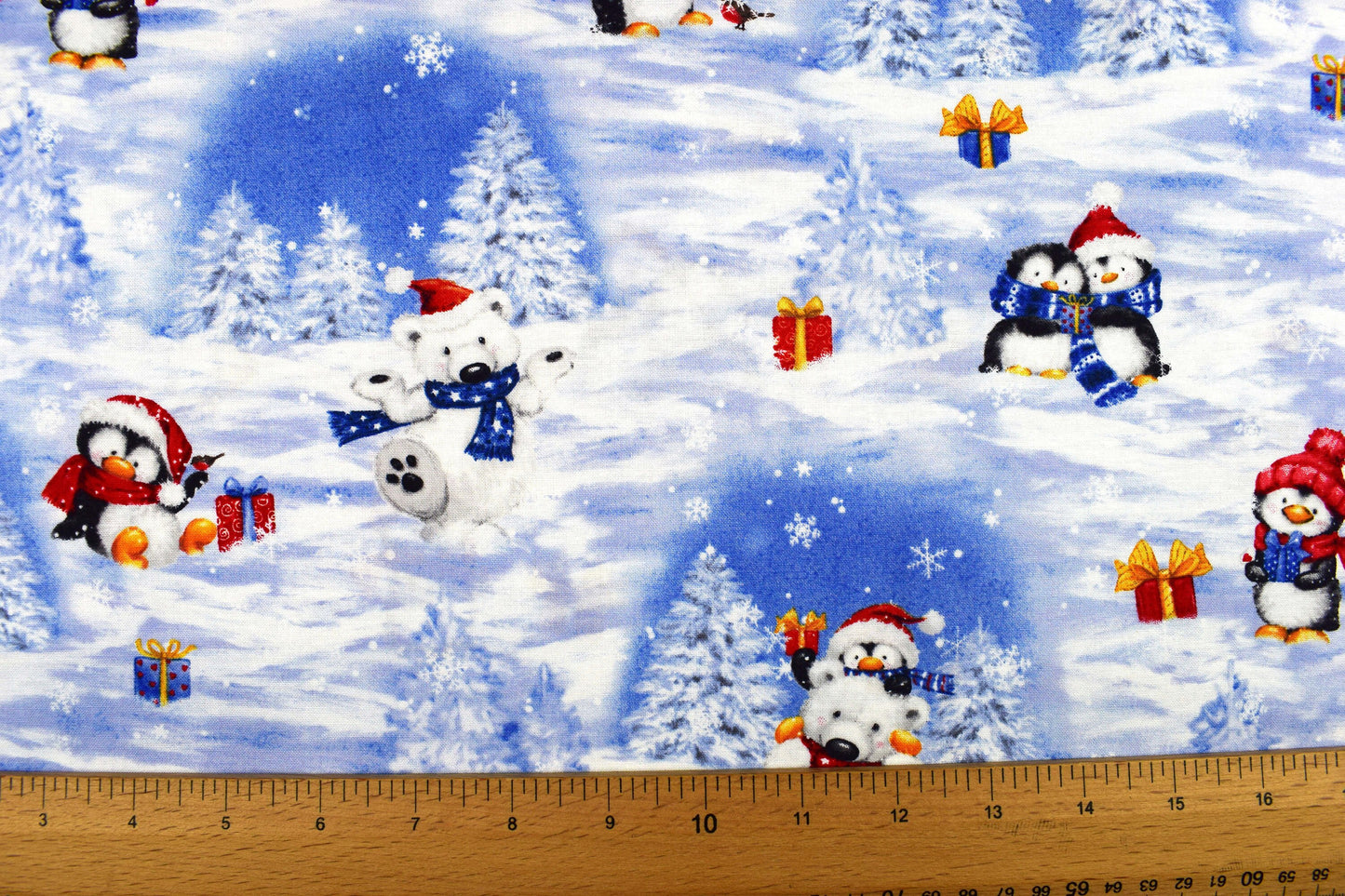Penguin and Polar Bear Christmas fabric, cotton quilting fabric, snow what fun - Price by the Half Metre The Quilt Sanctuary