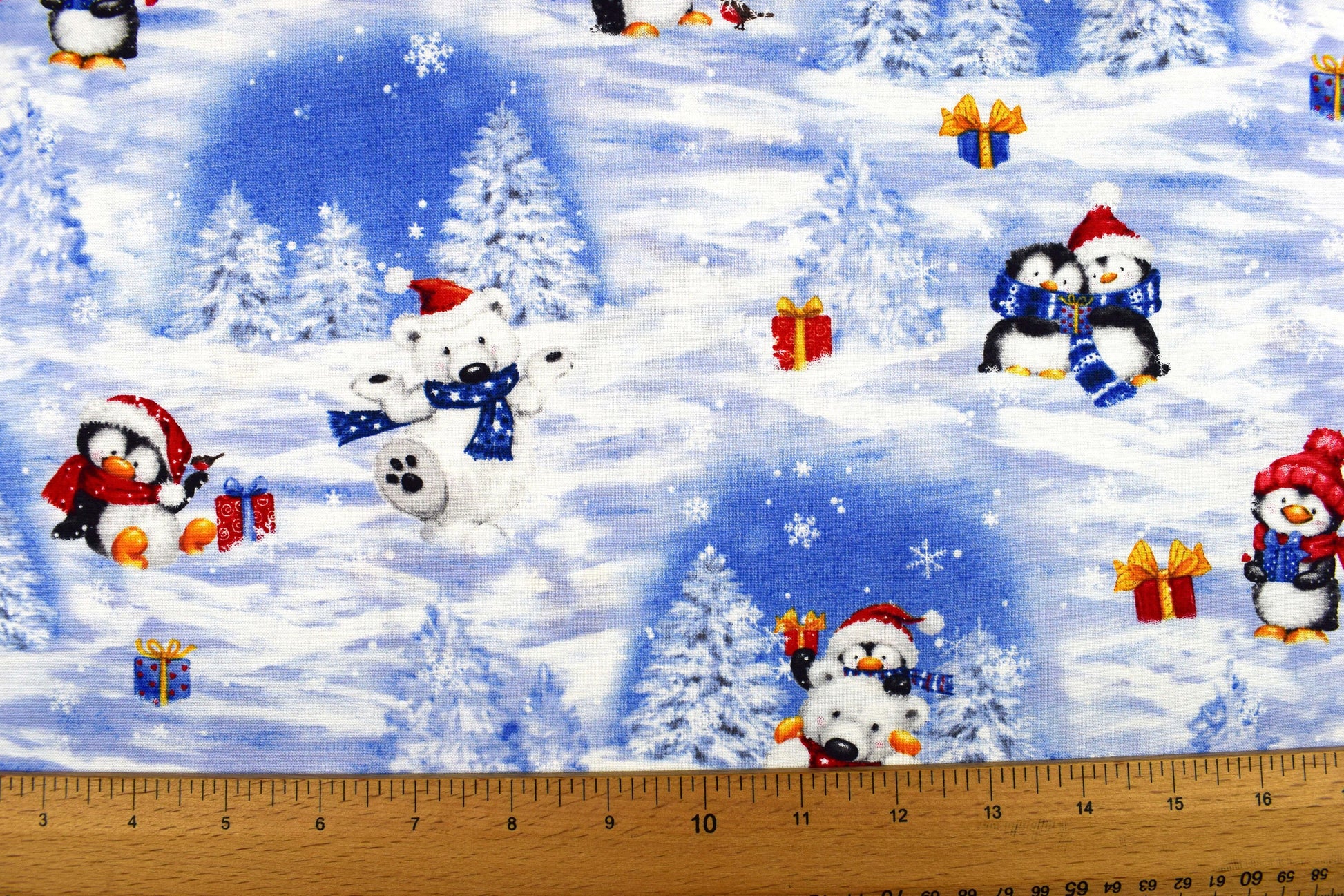 Penguin and Polar Bear Christmas fabric, cotton quilting fabric, snow what fun - Price by the Half Metre The Quilt Sanctuary