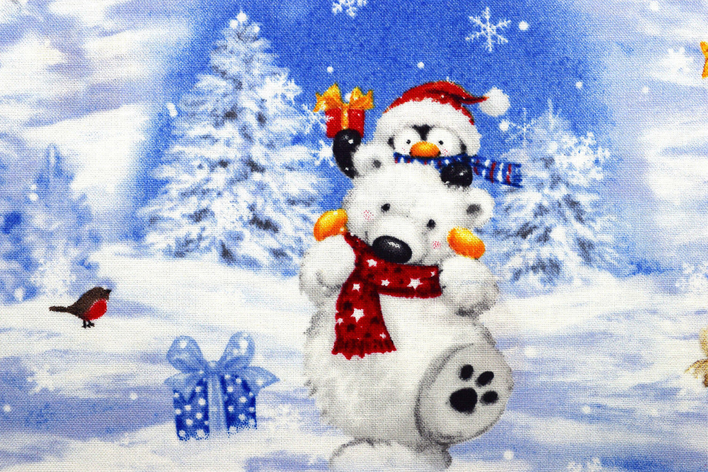 Penguin and Polar Bear Christmas fabric, cotton quilting fabric, snow what fun - Price by the Half Metre The Quilt Sanctuary