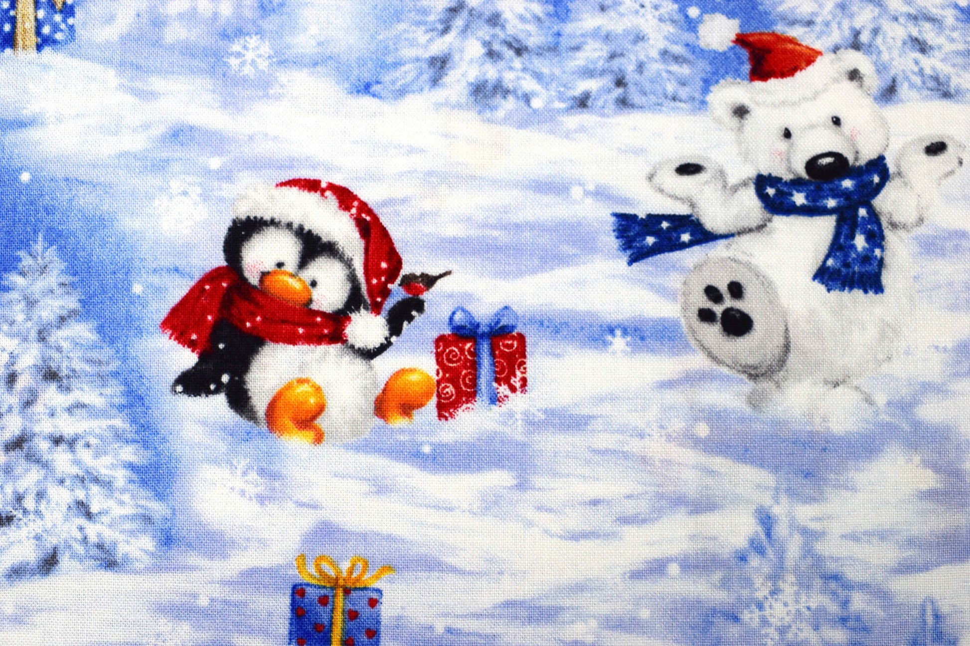 Penguin and Polar Bear Christmas fabric, cotton quilting fabric, snow what fun - Price by the Half Metre The Quilt Sanctuary
