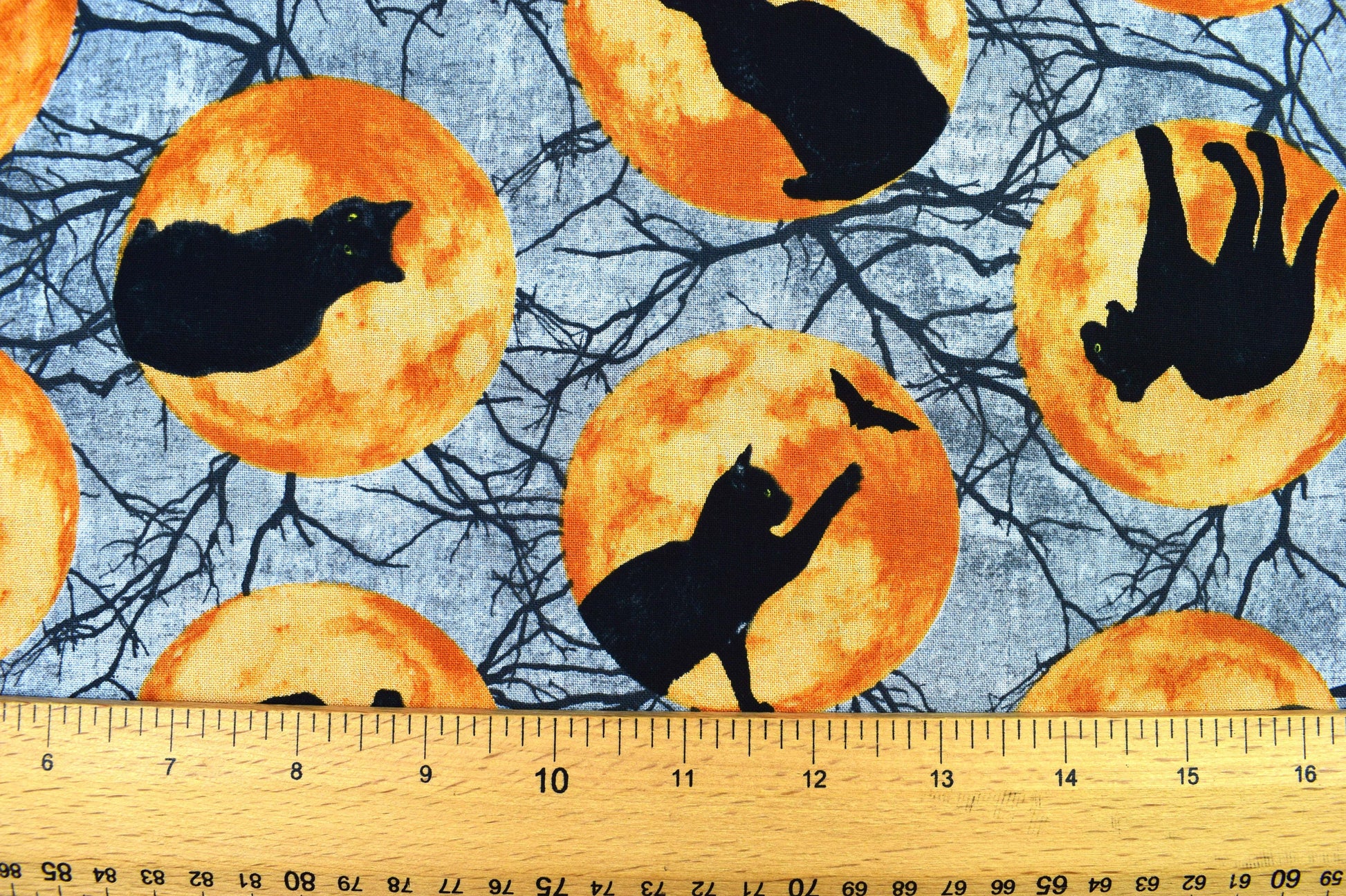 Cat and moon fabric, Halloween fabric, Gothic horror fabric, Quilting fabric, cotton fabric, Black Cat Capers - Price per half Metre The Quilt Sanctuary