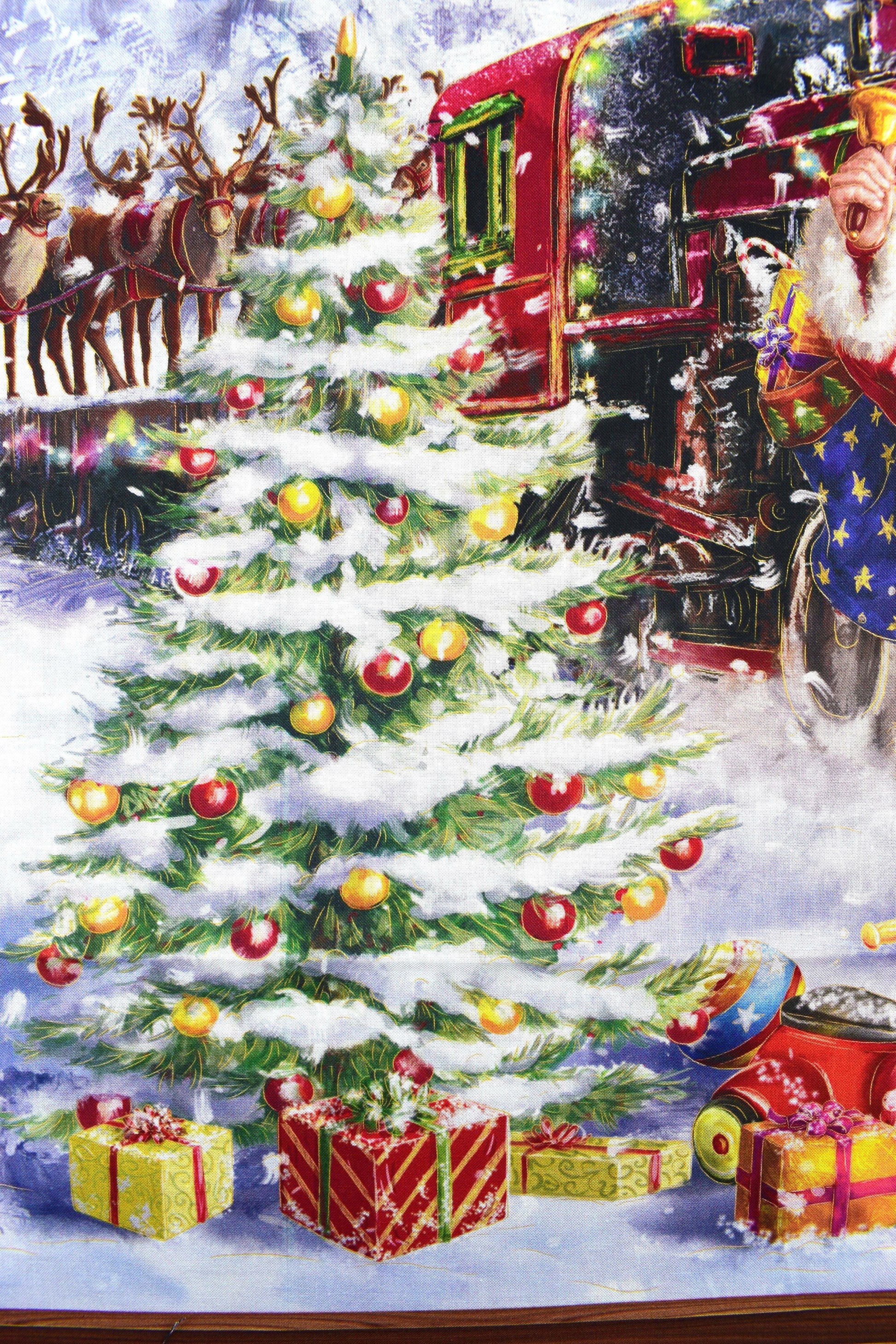 Santa Train fabric panel, cotton Quilting panel The Quilt Sanctuary