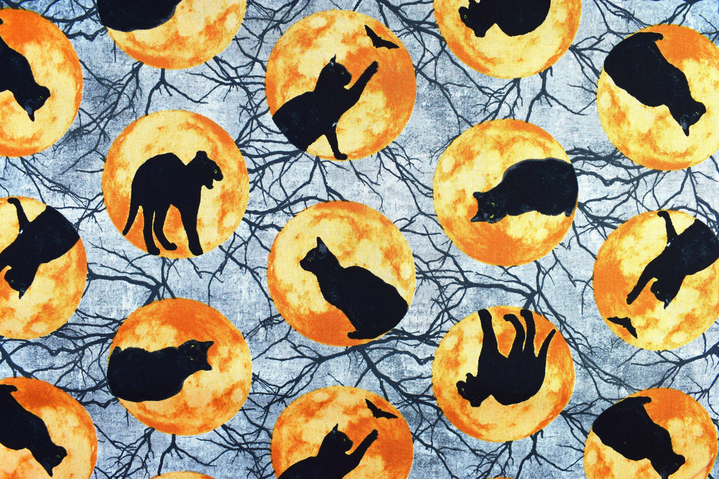 Cat and moon fabric, Halloween fabric, Gothic horror fabric, Quilting fabric, cotton fabric, Black Cat Capers - Price per half Metre The Quilt Sanctuary