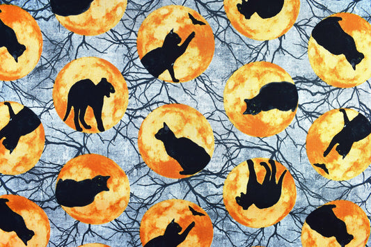 Cat and moon fabric, Halloween fabric, Gothic horror fabric, Quilting fabric, cotton fabric, Black Cat Capers - Price per half Metre The Quilt Sanctuary