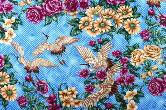Blue Japanese crane fabric, oriental cotton quilting fabric, Quilting fabric - Price by the Half Metre The Quilt Sanctuary