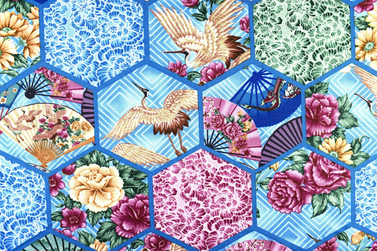 Blue Japanese patchwork fabric, oriental cotton quilting fabric, Quilting fabric - Price by the Half Metre The Quilt Sanctuary