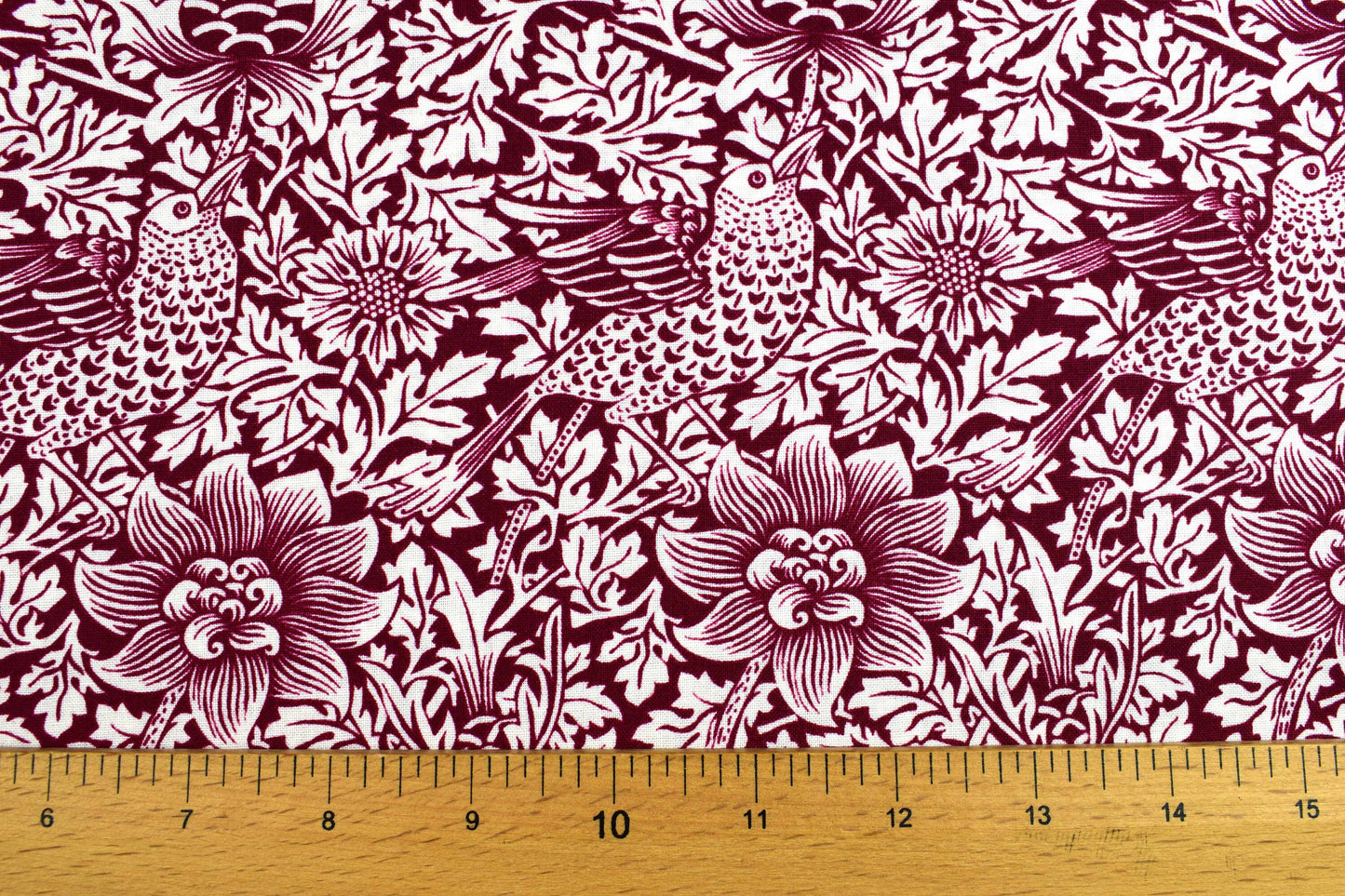 William Morris bird and Anemone fabric, burgundy Quilting fabric, cotton fabric - Price by the Half Metre The Quilt Sanctuary