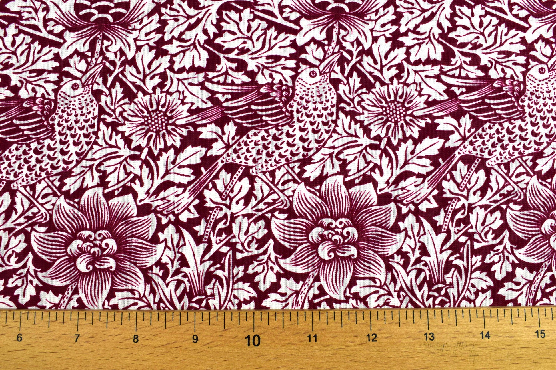 William Morris bird and Anemone fabric, burgundy Quilting fabric, cotton fabric - Price by the Half Metre The Quilt Sanctuary