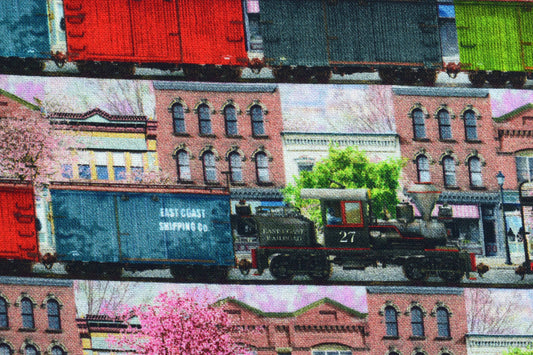 Steam train fabric, Quilting fabric, cotton fabric, Railroad fabric, Spring Steam - Price by the Half Metre The Quilt Sanctuary