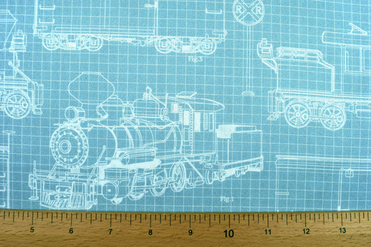 Steam train drawing fabric, Quilting fabric, cotton fabric, Spring Steam - Price by the Half Metre The Quilt Sanctuary